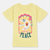 Child wearing a yellow t-shirt with a colorful design and text, standing against a plain background.