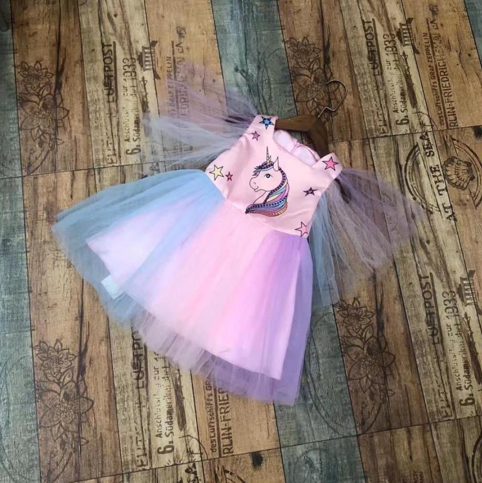 Unicorn Rainbow Pink Silk Frock with Open net Shoulder 5139 2-3 Y
