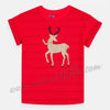 Red t-shirt with a deer design worn by a person on a white background
