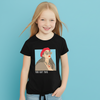 Young girl wearing a black t-shirt with a graphic design and text on a blue background