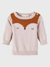 Baby wearing a pink sweater with a fox design on a white background