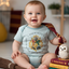 Baby wearing a 'Hogwarts' themed onesie with a broomstick and owl plush toy.