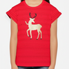 Red t-shirt with a deer design worn by a person on a white background