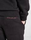 Person wearing a black 'Hood Rich' hoodie and pants with a red logo on a white background