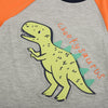 Baby wearing a gray and orange onesie with a dinosaur design on a white background