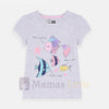 Child wearing a gray t-shirt with colorful fish design on a plain background