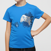 Child wearing a blue t-shirt with a graphic design on a plain background