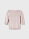 Baby wearing a pink sweater with a fox design on a white background