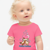 Child wearing a pink t-shirt with cartoon characters and 'Friends Forever' text on a white background
