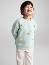 Child wearing a light blue sweater with daisy flowers, sitting on a small wooden stool against a plain background.
