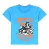 Child wearing a blue t-shirt with motorcycle graphic and text