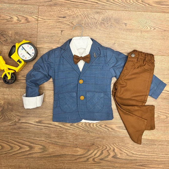 Gentelman Check Pant Coat Shirt Bow Suiting Set 12721